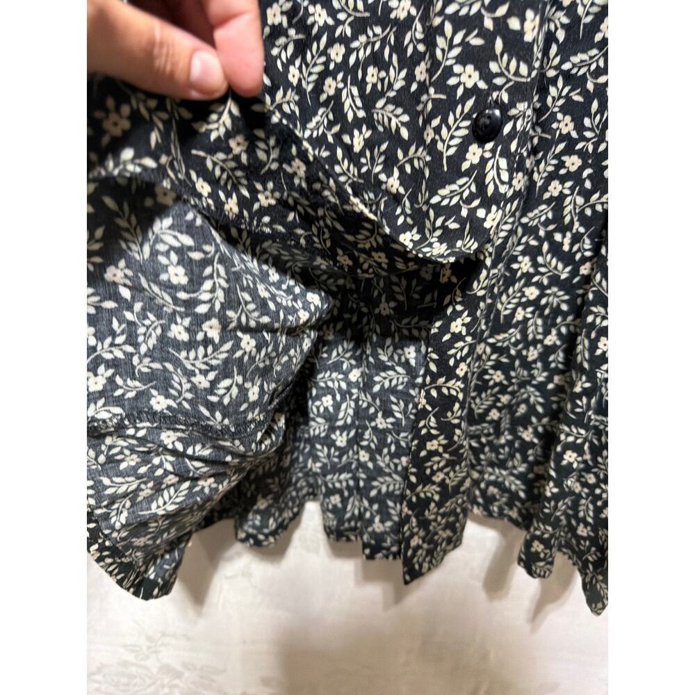 Vintage Midi Shirt Dress 12 Black Cream Floral Short Sleeve Collared Tie - Picture 2 of 7